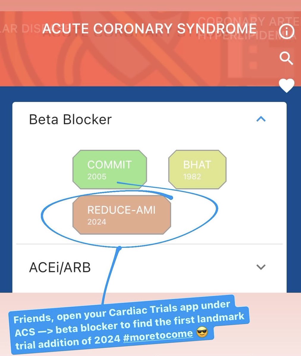 REDUCE-AMI - First landmark trial addition to the Cardiac Trials app 📱 of 2024 ♥️

Organized under ACS —> beta blocker 

apps.apple.com/us/app/cardiac…