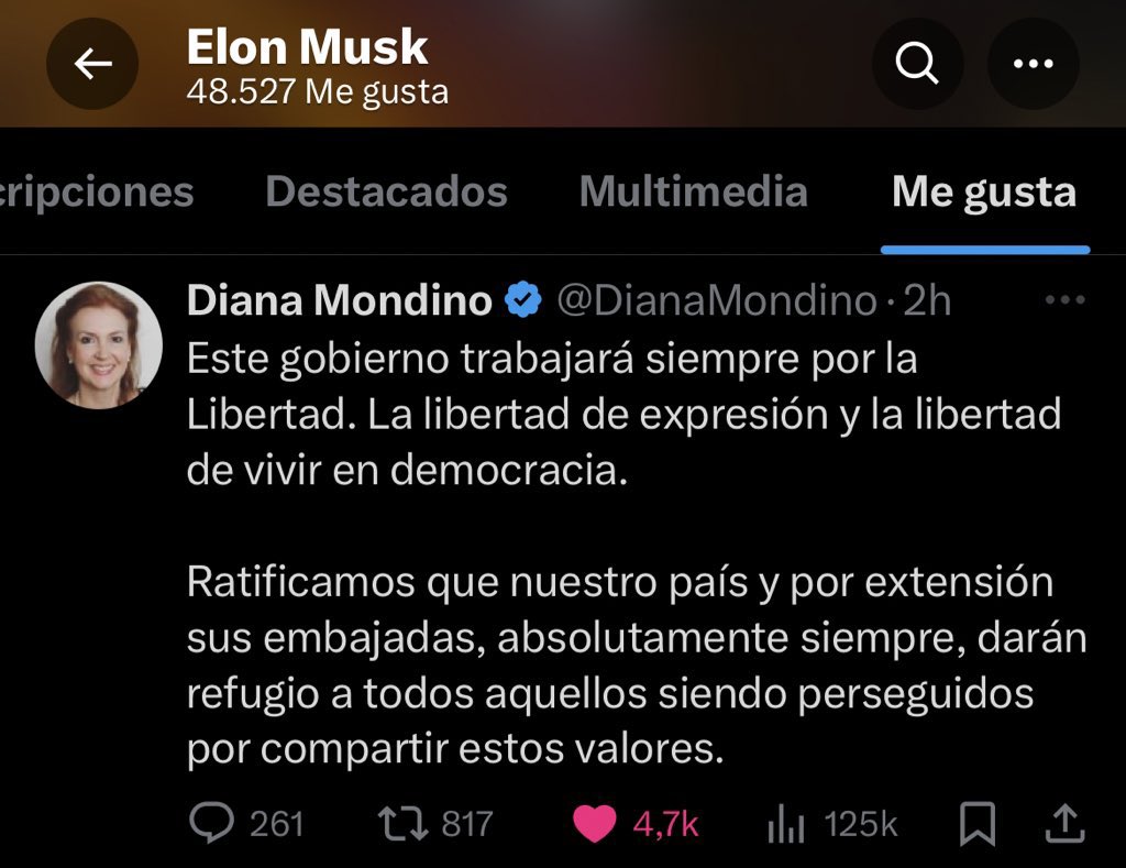 Elon Musk “curtiu” a publicação da chanceler argentina, Diana Mondino, que notifica a disponibilidade da Embaixada Argentina como refúgio para todos os políticos perseguidos que defendem a liberdade de expressão em seus países.