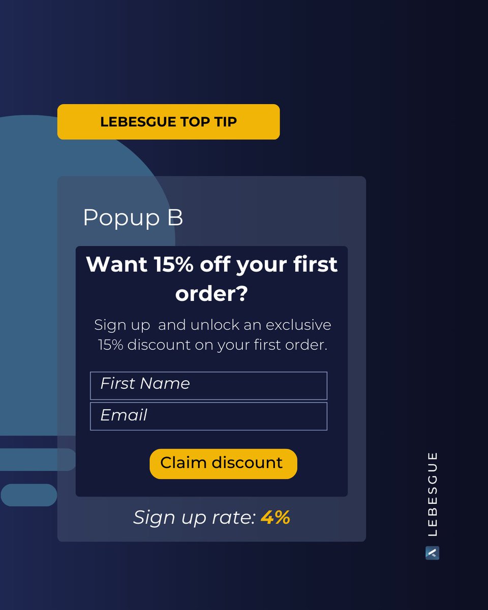 [ TOP TIP💡]

We have recently done an A/B test on first-time order discount popups.

Popup 1 only asked for an email and offered a 10% discount.

Popup 2 required both email and name, providing a 15% discount.

#abtesting