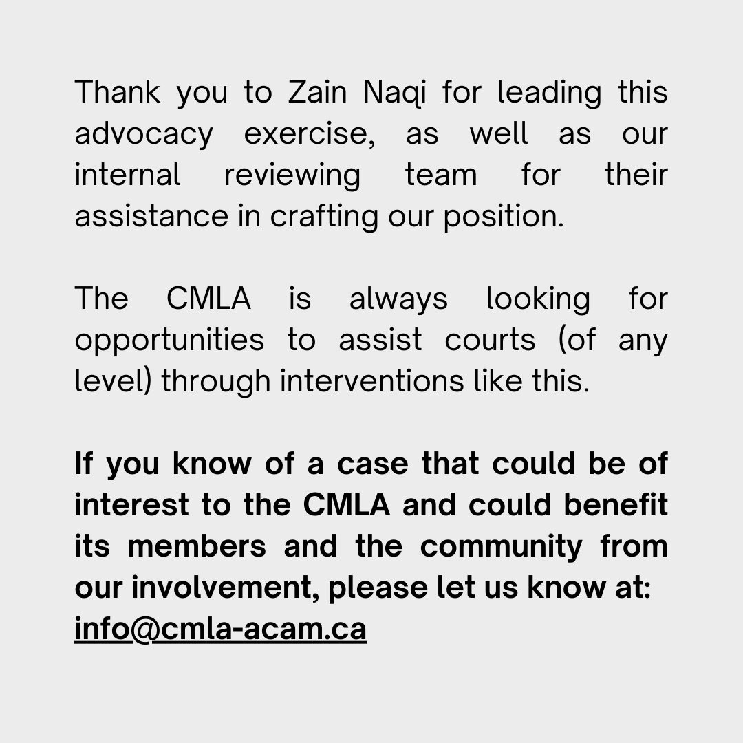 This morning, Zain Naqi served as CMLA counsel to intervene in the Ontario Superior Court of Justice motion of Ejaz Choudry (Estate). v. Peel Regional Police Services Board, et al. This motion relates to publication bans for police officers and the open court principle.
