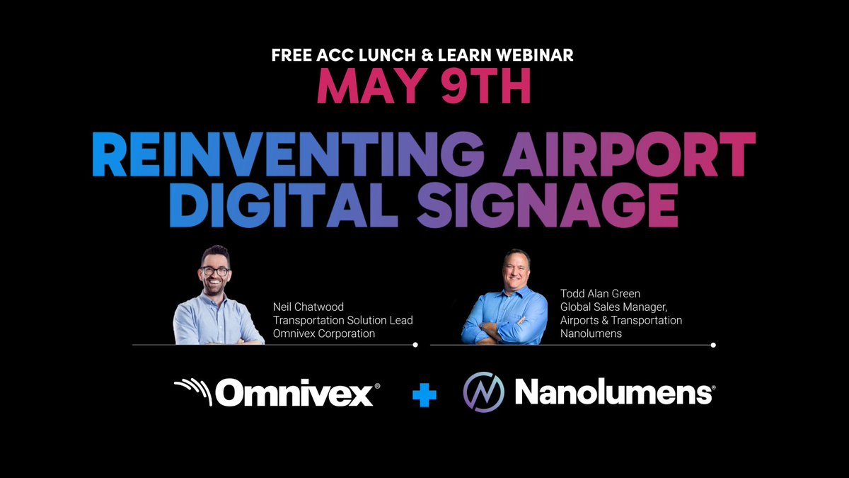 Join Omnivex & @NanoLumens on May 9th at 1 PM ET for an ACC Webinar on 'Reinventing Airport Digital Signage' through the integration of cutting-edge technologies such as Direct View LED (DVLED) displays and advanced digital signage software. Register: lnkd.in/e4ZC7U9g
