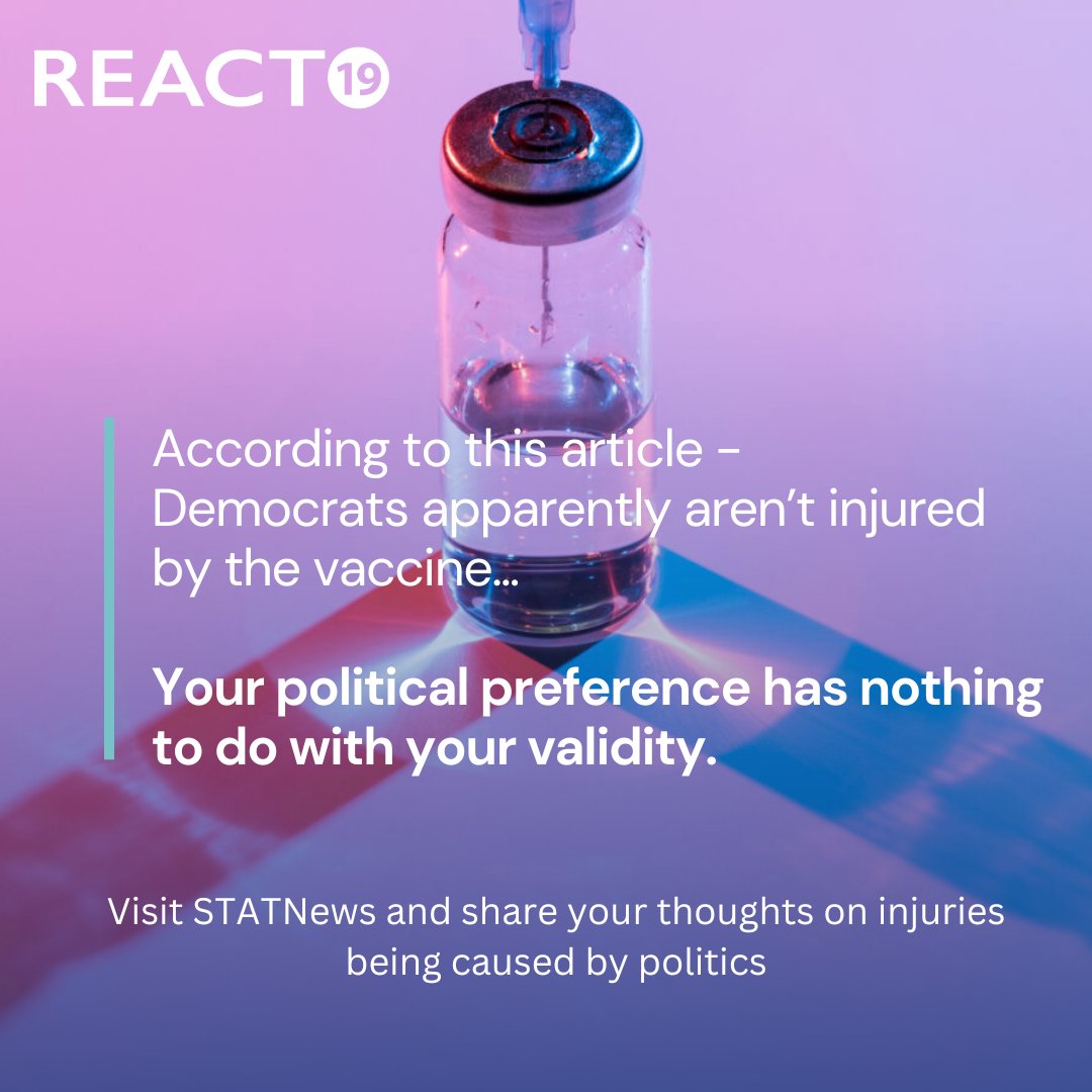 Democrats apparently aren’t injured by the Covid vaccine. Odd, as many of our leadership at React19 are… Democrats. Give this article a little comment to let them know about YOUR injury and make it clear that your injury happened because of biology, not politics. Link:…