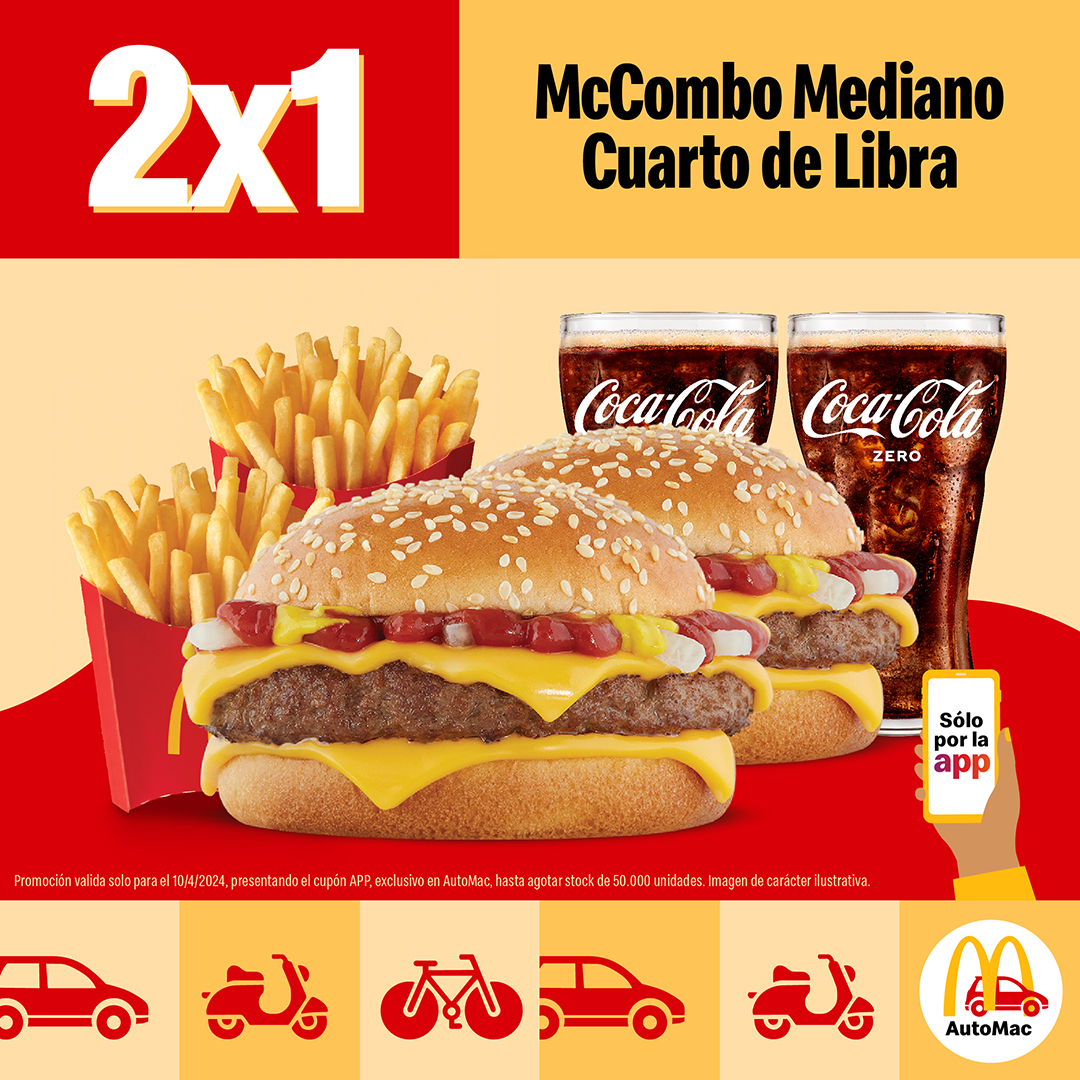 #HoyPintaAutoMac con 2x1 en McCombo mediano Cuarto de Libra con Queso 🍔🍟¡Cerrá la noche con broche de oro en McDonald's! 🤩. Descargá el cupón app y pasá por tu AutoMac más cercano 🚗.