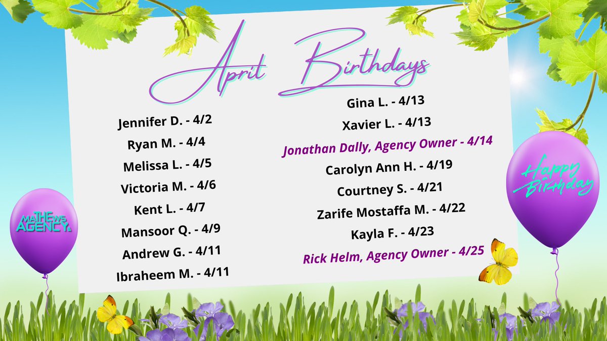 🎉🎂 Happy Birthday to these rockstars celebrating their birthday in April! Wishing you all a year of happiness and success! 🥳🙌

🔎➡️ the-mathews-agency.breezy.hr

#TheMathewsAgency #SFGLife #QuilityInsurance #AprilBirthdays #TeamCelebration #HappyBirthday