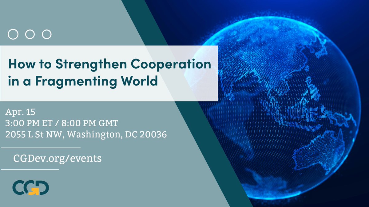 With the challenges of the world today, cooperation has never been more needed.

On Apr. 15, join @CGDev, @BrettonWoodsCom, & @IFF_F20 for an expert led discussion on practical ideas to rebuild cooperation in the #globaldev sphere. Join us in DC or online:
bit.ly/4cO0LWo