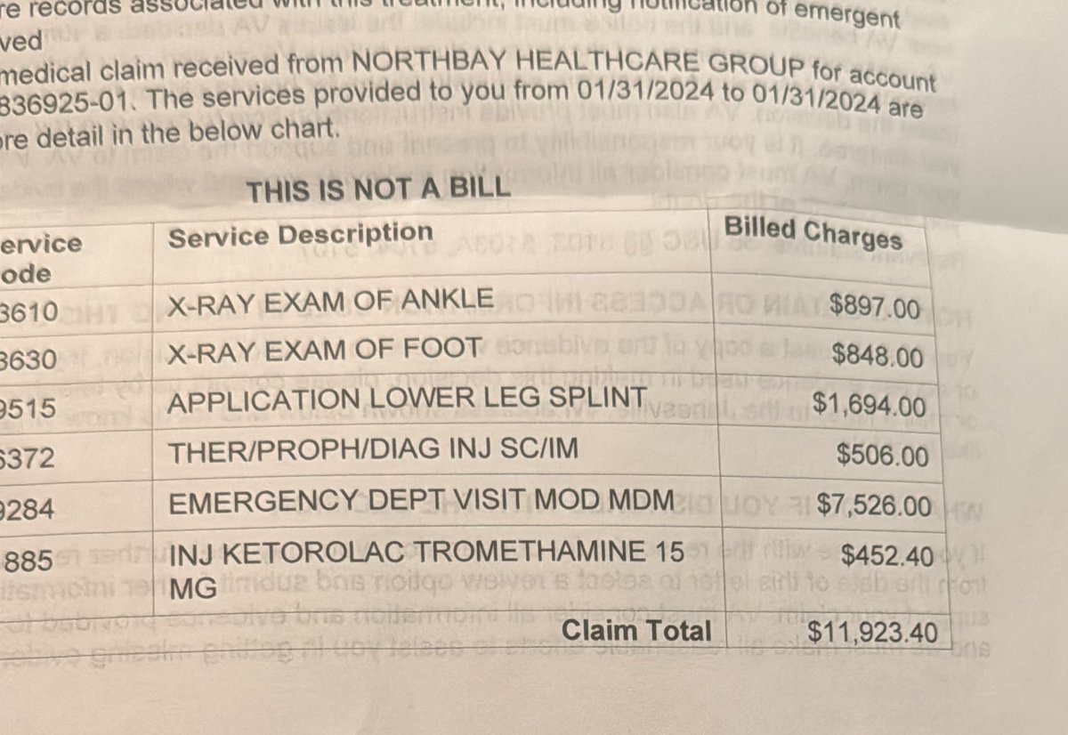 When I first busted up my foot I couldn’t get to a VA or military hospital so I went to Northbay. They took X-rays, a shot of toradol, and a bullshit fiberglass splint. The VA paid the clam thankfully. $7500 just for using the ER. THIS ISNT SUSTAINABLE $11,923.40