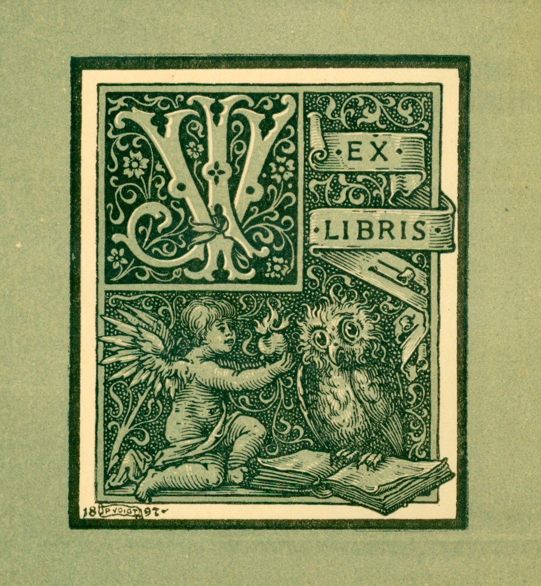 JSTOR's tweet photo. Happy #NationalLibraryWorkersDay! 📚 🦉 Today, we salute the #librarians and staff who guide, educate, and inspire. 

At JSTOR, we appreciate your dedication to making knowledge accessible and empowering communities. 🌟 

Image: Voigt, J.P. Bookplate of JV. 1897. @PrattInstitute. https://t.co/924EBOm7aD