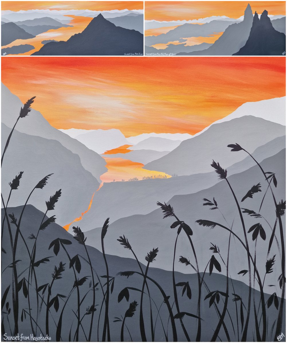 New sunset paintings finished today, once my fingers had warmed up 🙂 All listed on my website: 'Sunset from Ben A'an' 20x8' 'Sunset from The Old Man of Storr' 20x8' 'Sunset from Haystacks' 30x30' sammartinart.com #skye #lochkatrine #haystacks #art #paintings #cumbria