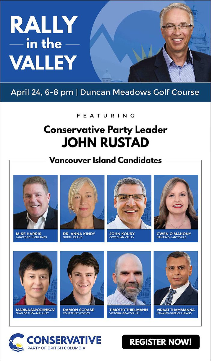 I know it's not always feasible for folks to trek up to the Cowichan area from Langford, but we'd love your support if you're able!! It's free to come, but there are limited seats so please reserve ASAP! 🙂 Register here ⬇️ conservativebc.ca/rally_in_the_v…
