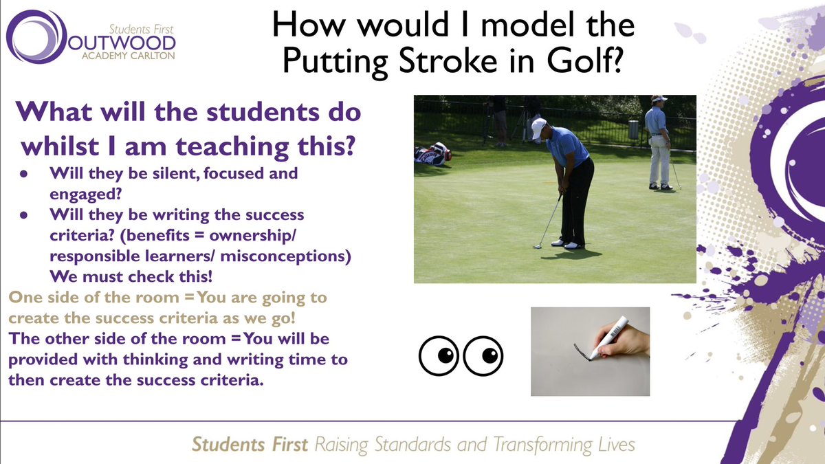 OACarlton's tweet image. As part of our commitment to this year's #TeachingandLearning priorities, @mrsmellorpe revisited #LiveModelling through golf's Putting Stroke, tonight, with @LHO_93 providing the model. 💜
~Things done well can always be done better ~
#TransformativeTeaching
#GuidedPractice