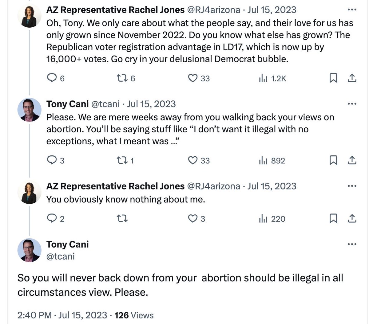 FLASHBACK to when Arizona Representative Rachel Jones and her seatmate Senator Wadsack made it very clear that they support abortion with no exceptions and would never water down their statements. Time for the voters to replace them.