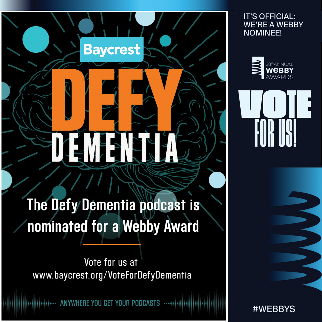 Our TAHSN hospital partner @Baycrest has been nominated for a prestigious Webby People’s Voice Award! Defy Dementia is a podcast series hosted by #UofT’s Allison Sekuler (@asek47) and Canadian broadcaster Jay Ingram. Vote for Baycrest here: baycrest.org/VoteForDefyDem…