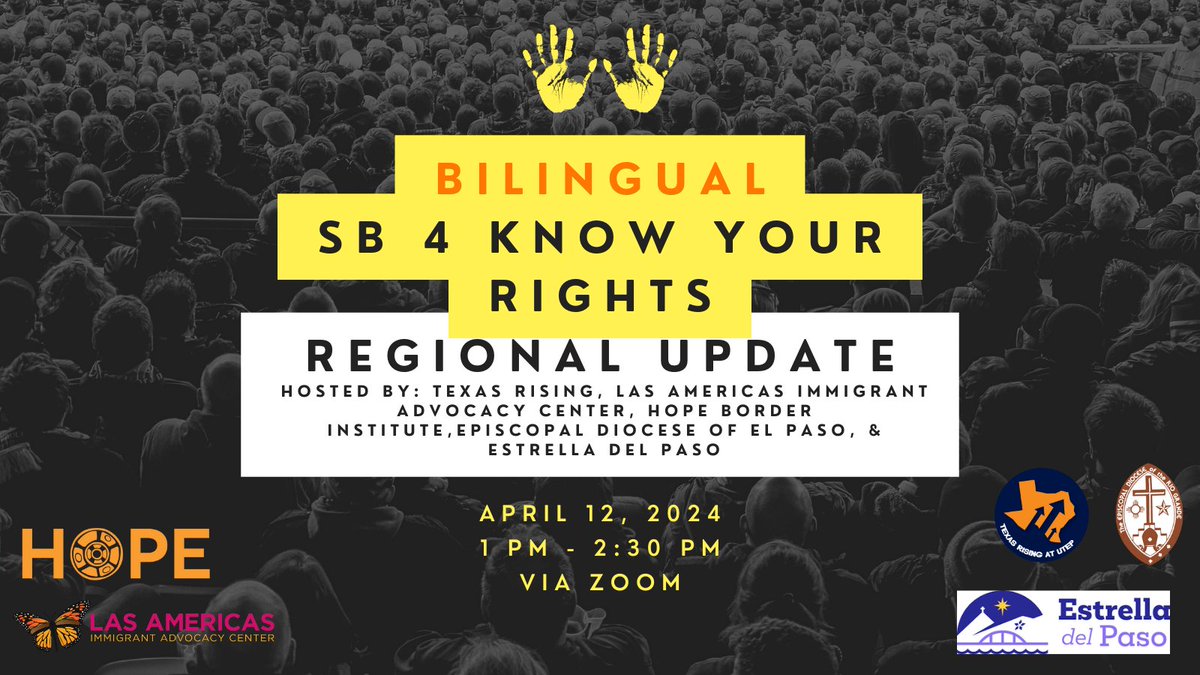 Join us this Friday, April 12th, from 1 - 2:30 pm MT for a regional update regarding anti-immigrant law #SB4. All West Texas and New Mexico organizers, as well as community members, are welcome. Bilingual interpretation available. 🔗 Register here: mobilize.us/s/wy5k2W