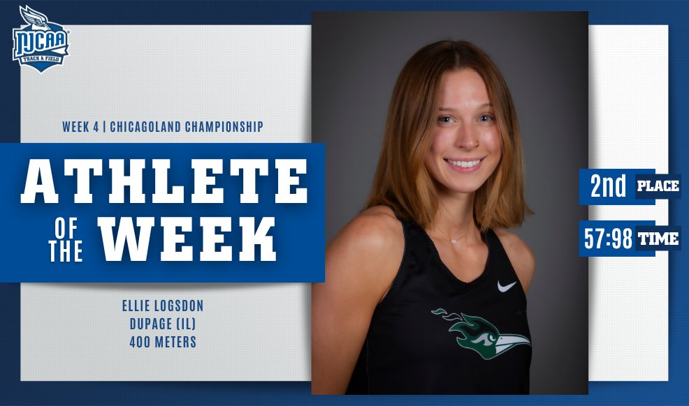 🔥 Ellie Logsdon of @AthleticsCod is the #NJCAATF DIII Women's Outdoor Athlete of the Week! Logsdon finished second in the Chicagoland Championship 400 meters with a mark of 57:98. #NJCAAPOTW