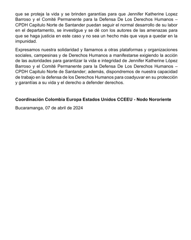 #Atención ⚠️ Continúan las amenazas y riesgos a personas defensoras y organizaciones de DDHH. En esta ocasión la lideresa Jeniffer Katherine López del CPDH Norte de Santander recibe amenazas vía Facebook, alertamos del riesgo e instamos a la autoridades a brindar protección.