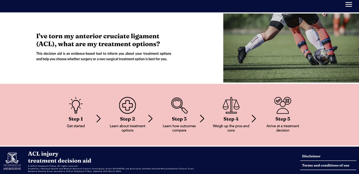 💡 Just launched! 💡 A new decision aid for people with #ACL injury Summarising the evidence for ACL #surgery and #nonsurgical treatment Access here: aclinjurytreatment.com