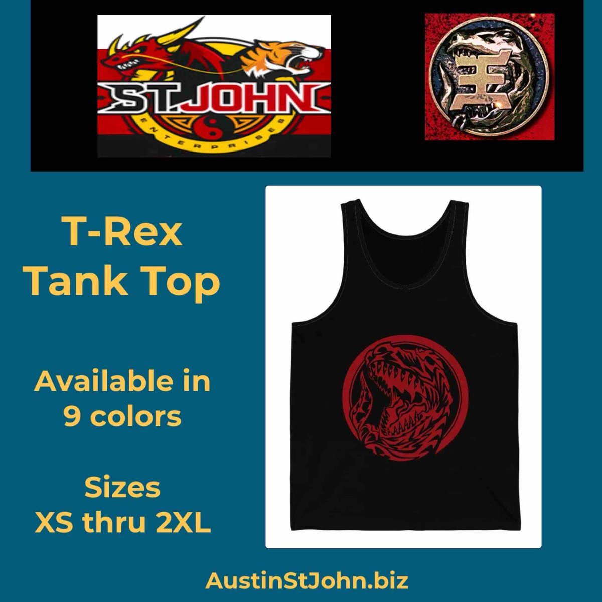 Want to show off your favorite fandom? You can find a variety of items, like this tank, on my website: austinstjohn.biz. Perfect for the upcoming summer heat or at the gym. #gymwear #trex #powerrangers