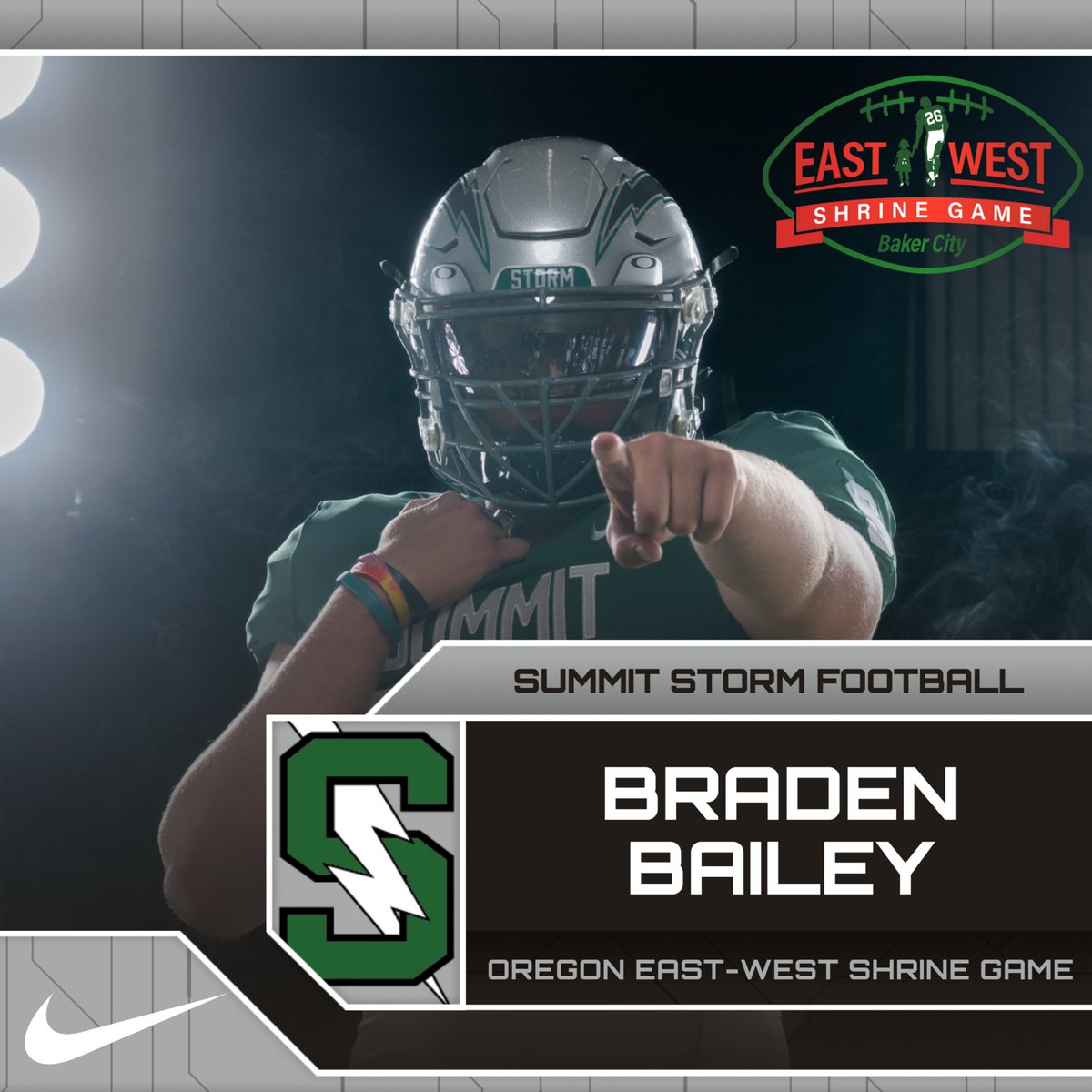 Summit Senior Braden Bailey has been selected to represent the Storm in the 2024 Oregon East-West Shrine All-Star Game. This year's game will be played on Saturday, July 27 in Baker City, Oregon.