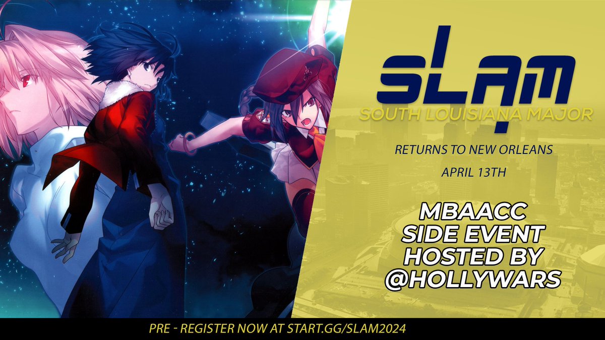 And one final post for the day. Community member Hollywars will be hosting a free to enter MBAACC Side Event at SLAM 2024! 

The event will be free to enter and have a $30 Pot! You can sign up at the event, or pre sign up here! 

start.gg/tournament/sla…