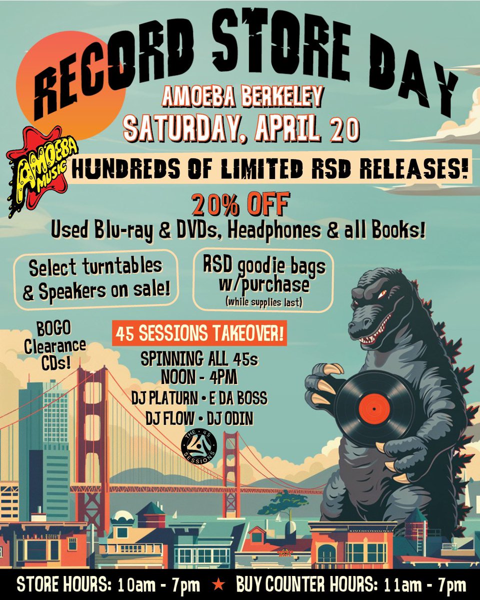 AmoebaBerkeley's tweet image. Record Store Day at Amoeba Berkeley is Saturday, April 20! In addition to the hundreds of limited RSD releases, we’ll have sales and sounds!

We open early! 10am-7pm / Buy Counter Opens 11am

@the45sessions crew spins all 45s from Noon-4pm while you shop!

Amoeba.com/RSD24