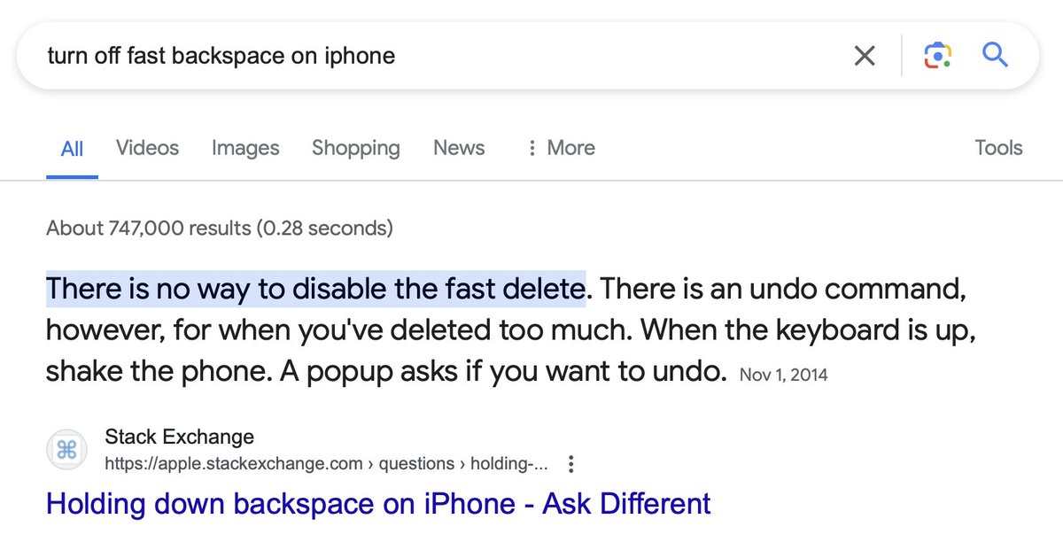 Hey @Apple @AppleSupport, can you give us iPhone users the option to turn off the fast-backspace. If we hold down the backspace button, we want to be able to backspace 1 character at a time until we let go of the button, not have the backspace speeding up after 20 characters.