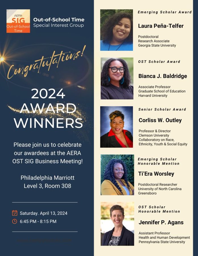 Congrats to CASBS fellow Bianca Baldridge (@biancajontae), winner of the @AERA_EdResearch @OSTSIG 2024 OST Scholar Award, honoring a mid-career scholar for outstanding research contributions to the Out-of-School Time field 👊🙌🏆👏