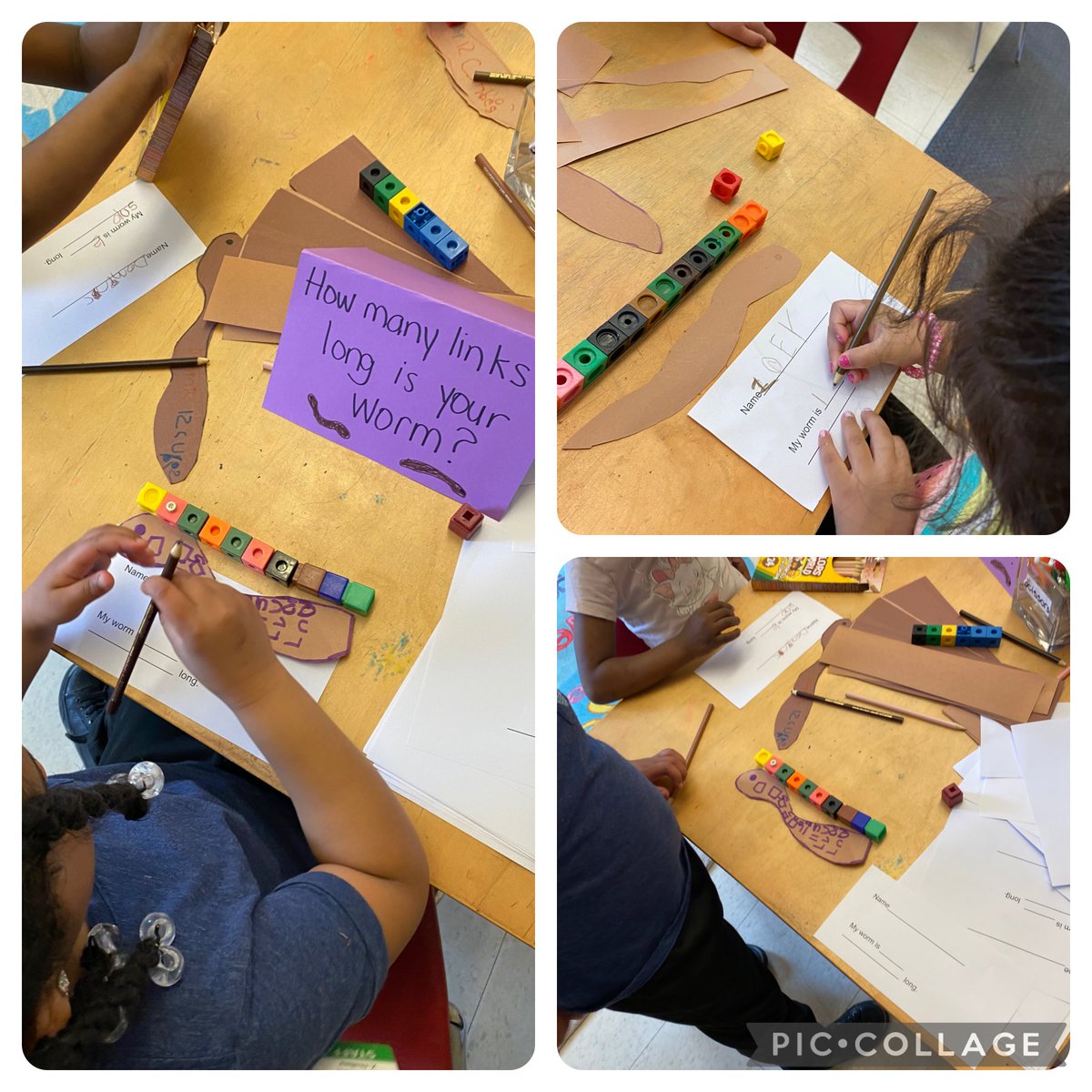 Team 104 learners ⁦@TDSB_JoycePS⁩ are using non standard measurements to measure their uniquely designed worms. Links and snap-cubes were offered . ⁦@trinimako1⁩