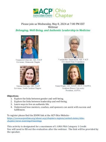 Please join - Wednesday, May 8, 2024 at 7:00 PM EST @OhioAcp Webinar Belonging, Well-Being, and Authentic Leadership in Medicine Register at the ACP Ohio Website - acponline.org/about-acp/chap… 1 AMA PRA Category 1 Credit @ACPIMPhysicians @SusanHingle @marionmccrarymd…