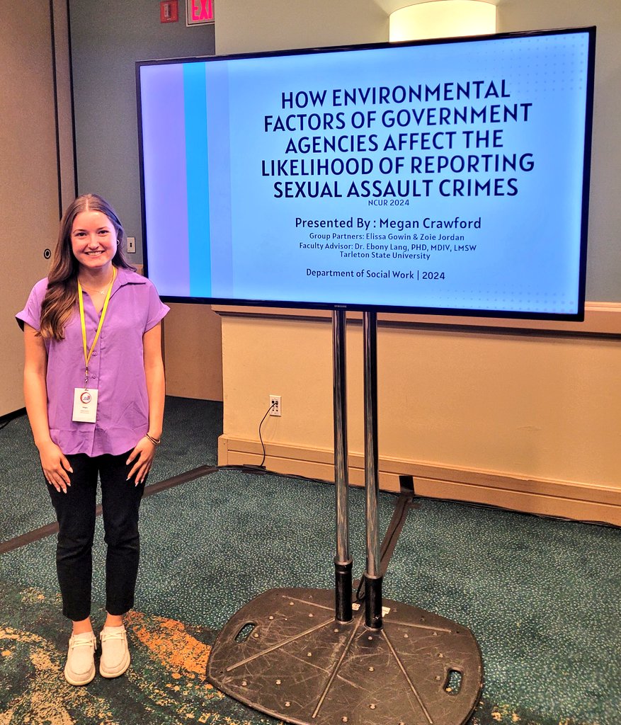 realsocialwork's tweet image. @TarletonState @TarletonSOCW BSW senior Megan Crawford completed her oral presentation about environmental factors influence on sexual assault reporting. @CURinAction #NCUR2024 #BleedPurple #ResearchIsFun @stephenvillepd