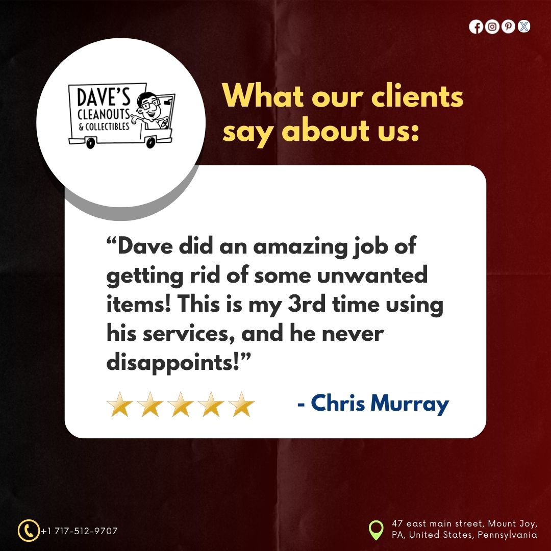 g.co/kgs/JuJEfYP
Call Us Now: +1 717-512-9707
Visit Us: 47 East Main Street, Mount Joy, PA, United States, Pennsylvania

#daves #cleanouts #collectibles #vintage #retro #amazingjob #services #unwanteditems #satisfiedclint #clientfeedback #wednesdaythoughts