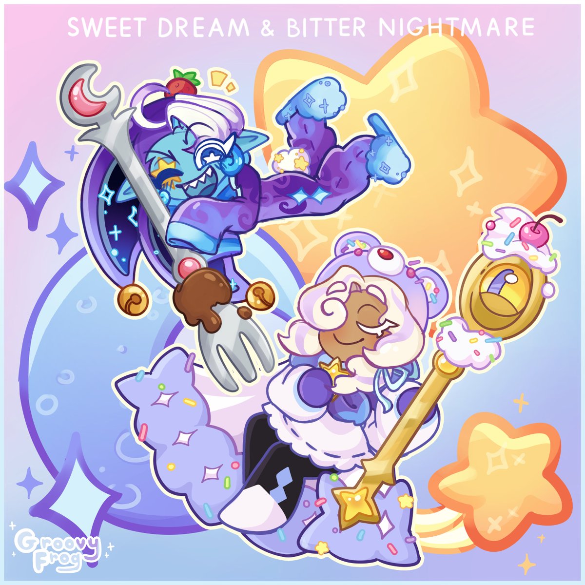 Sweet Dream and Bitter Nightmare 
(based on Pure Vanilla's China-exclusive costume; it's only fair that his counterpart gets a matching one too!)

#shadowmilk #shadowmilkcookie #shadowmilkcrk  #purevanillacookie #purevanilla #purevanillacrk #cookierunkingdomfanart