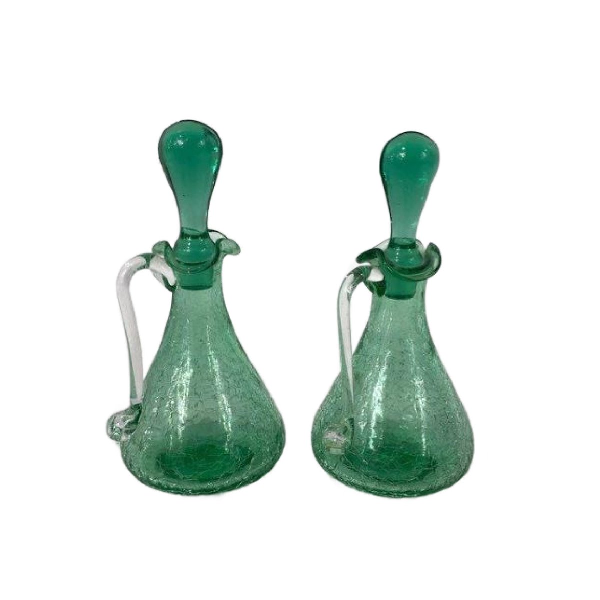 Mid Century Green Crackle Glass Cruets with Stoppers, Set of 2, Free Shipping tuppu.net/ca7df608 #Etsy #JunkYardBlonde #CrackleDecanter