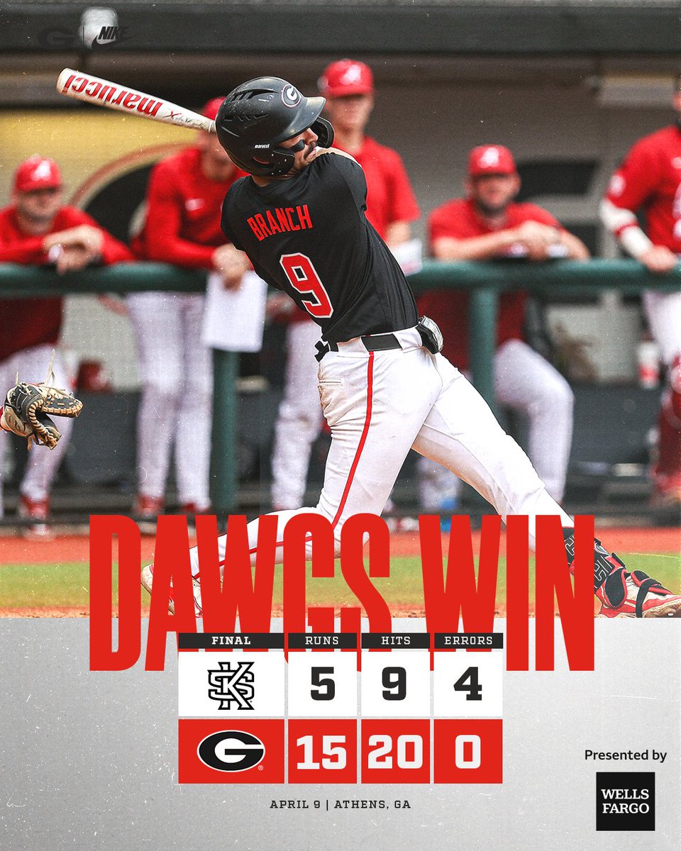 𝑩𝒂𝒍𝒍 𝑮𝒂𝒎𝒆, 𝑻𝒉𝒂𝒕'𝒔 𝑨𝒍𝒍! @KolbyBranch blasts his 10th home run of the season to help push the Dawgs past Kennesaw State in an eight-inning midweek matchup. Georgia will host Missouri for a weekend series starting Thursday at 7 p.m. #GoDawgs | @WellsFargo