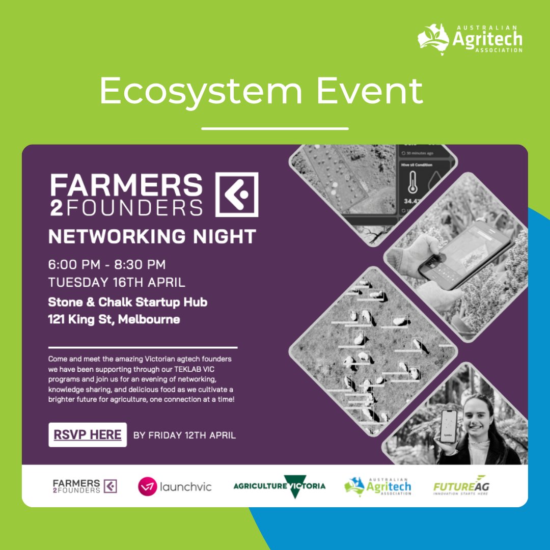 🌱 Excited for the FutureAg Expo in Melbourne? Get a head start at the Farmers2Founders Networking Night! When: Tuesday April 16th 6pm-9pm Where: Stone & Chalk Startup Hub Secure your tickets here: loom.ly/CHZnvR8 #AgTech #Innovation #Networking #Agritech #AusAgritech