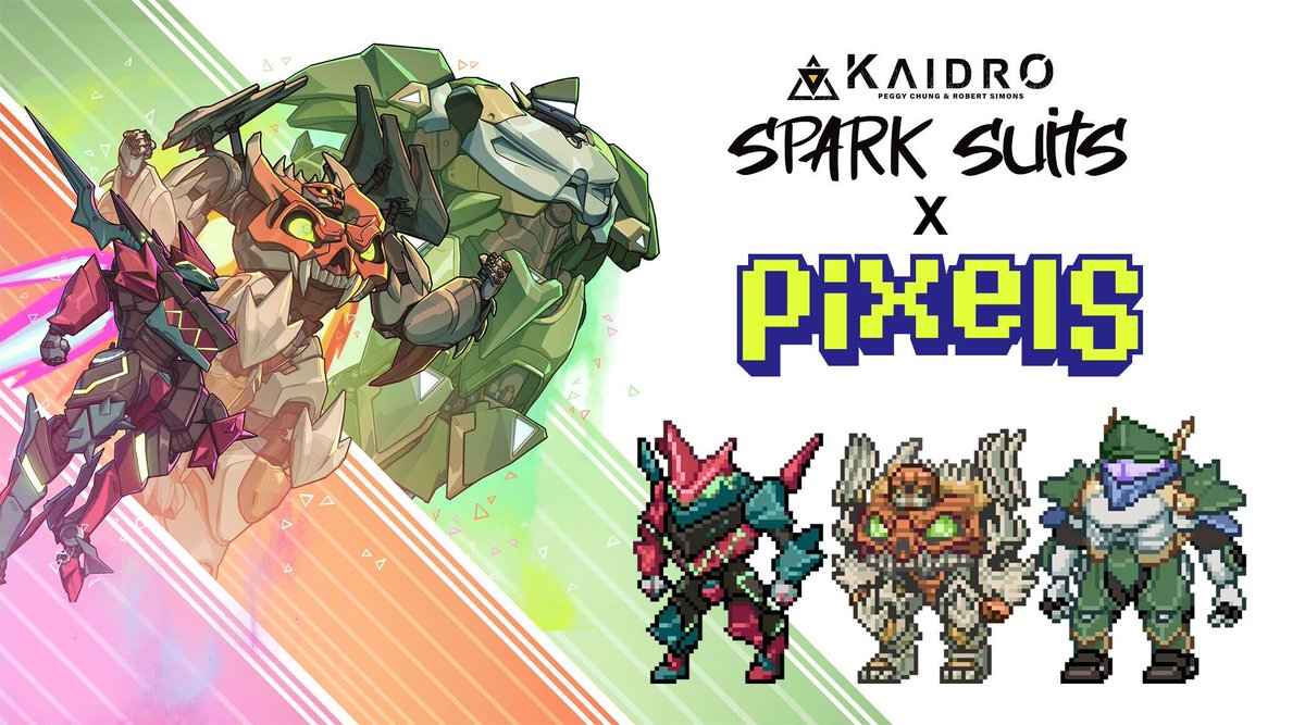 “And one more thing for today… COMING SOON! Kaidro Spark Suits x Pixels. Get the Bubblegum Violence, Grimbone, and Emerald Hand skins in Pixels if you own the clan’s NFT.”