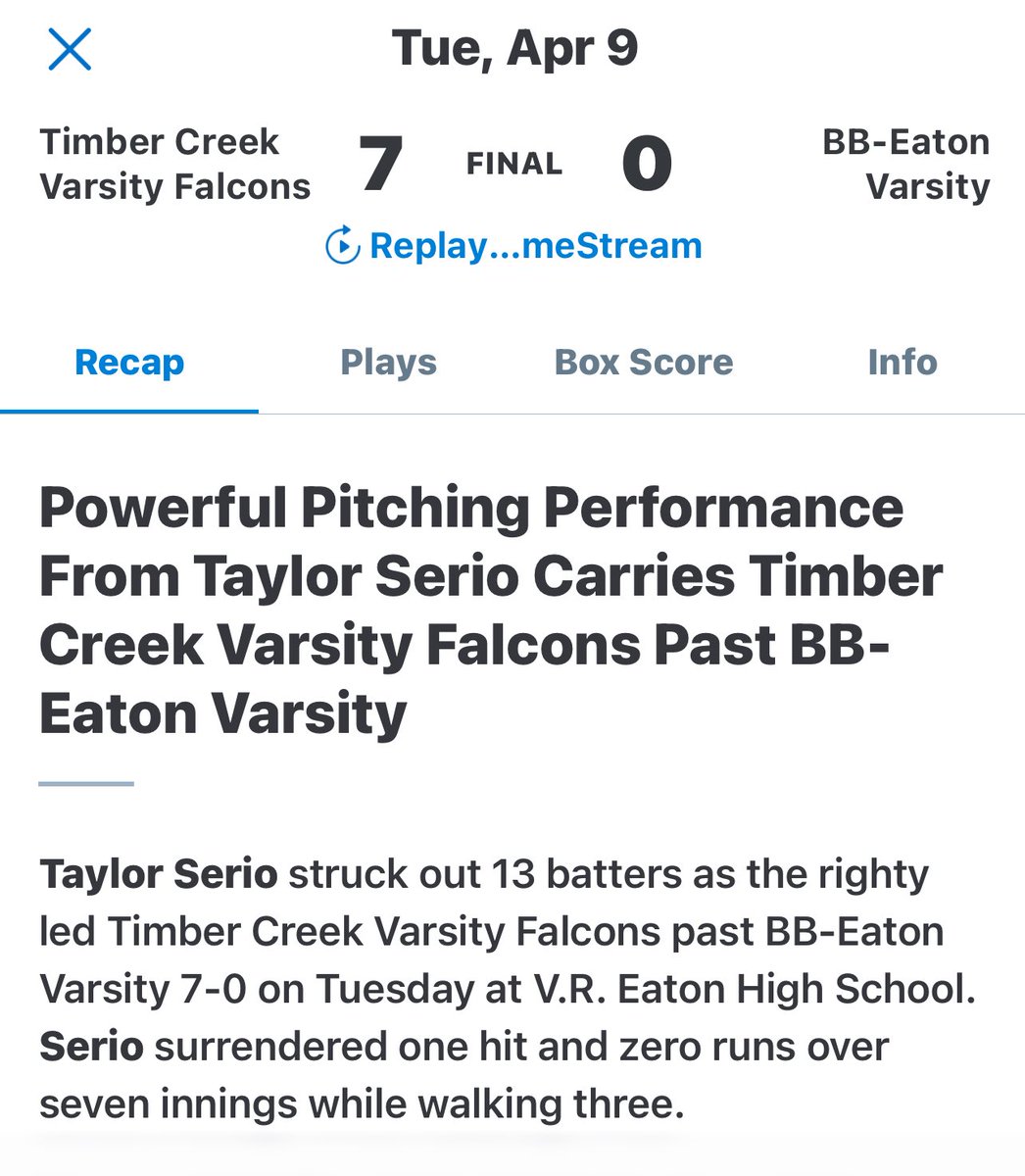 4-6A 🥎 Final. Big district win for the Falcons. Timber Creek 7 Eaton 0 @dfwvarsity @SportsDayHS @TimberCreekSB @TXPrepSoftball @TX6Asoftball @Gosset41