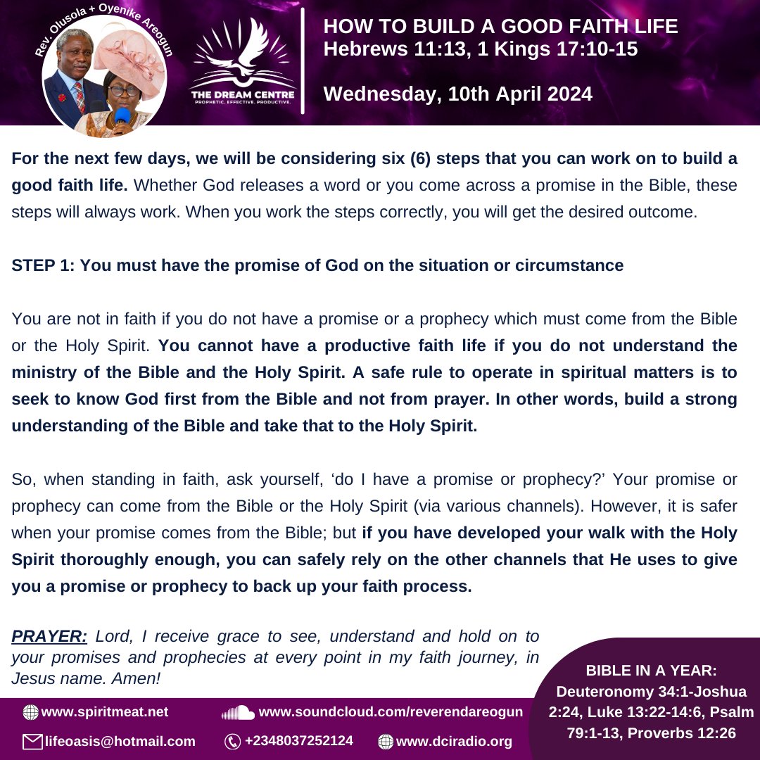 HOW TO BUILD A GOOD FAITH LIFE
Hebrews 11:13, 1 Kings 17:10-15
You cannot have a productive faith life if you do not understand the ministry of the Bible and the Holy Spirit. #SpiritMeat #ReverendAreogun #RevOyenikeAreogun