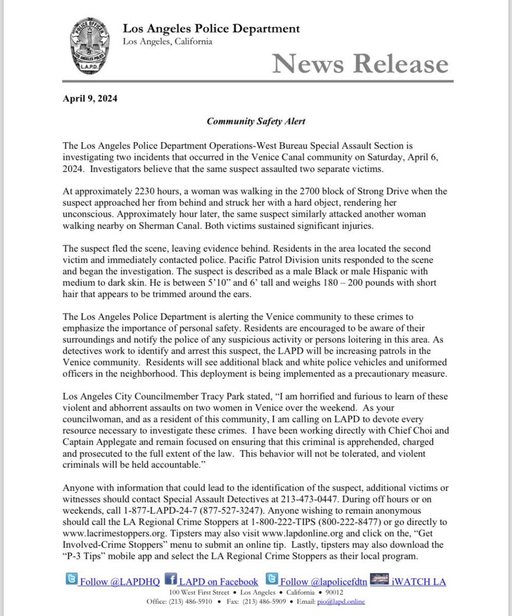 Two women savagely attacked in separate incidents on Venice Canals #VeniceBeach Sat night, an hour apart. One woman, in 50s, left in coma. Stay vigilant. These were shocking attacks on women walking alone at night. LAPD news release:
