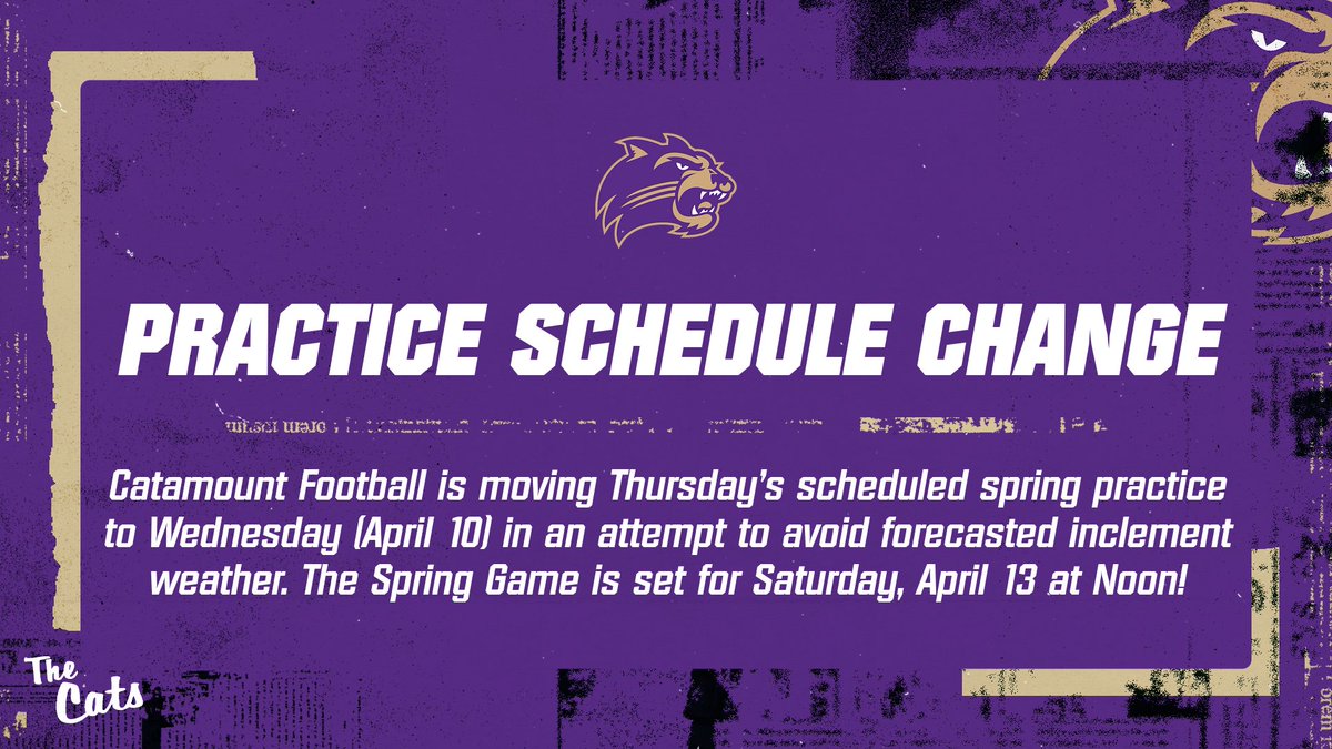 🚨 PRACTICE SCHEDULE UPDATE: 🚨 Catamount football will move Thursday's scheduled practice to Wednesday (April 10) afternoon to avoid the forecasted inclement weather. Make your plans to be in #CatamountCountry on Saturday for the Spring Game at Noon! #LOTE