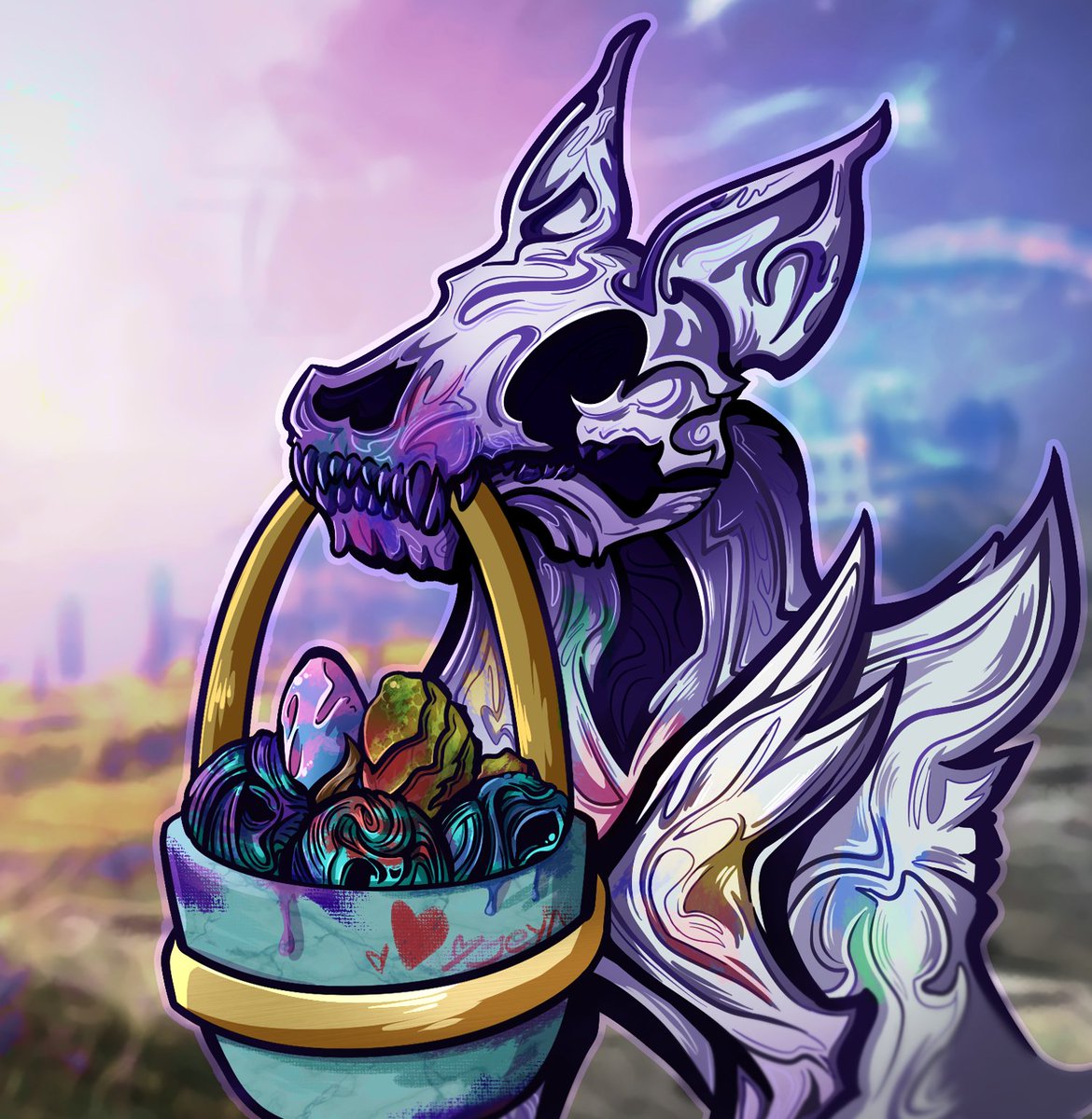 me:' im not gonna make it so detailed, just a sketch' also me: Tater Tots insisted on helping to paint and delivering our easter basket to our friend Kullervo! ENTRY FOR 'lotus spring basket blitz contest' #warframefanart #Warframe #duviri @PlayWarframe