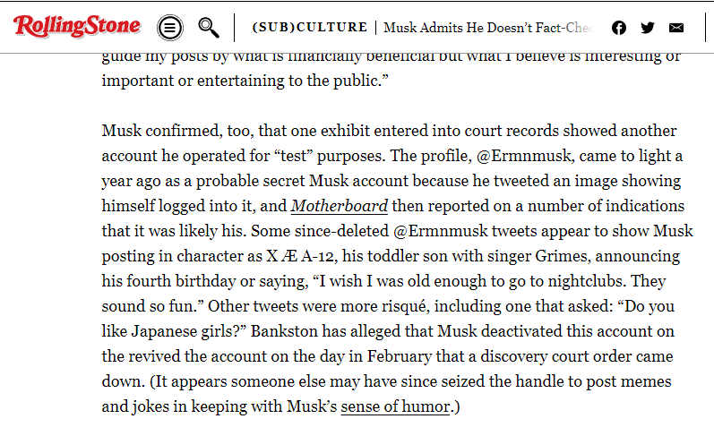theserfstv's tweet photo. I feel like it should be bigger news that the leaked deposition of Elon Musk just revealed that he is in fact the person behind one of the creepiest burner accounts in the history of this site https://t.co/3Kb08QQETw