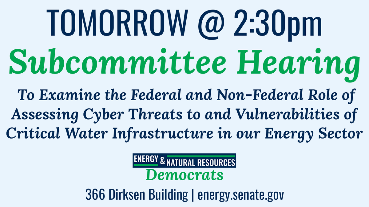 TOMORROW: At 2:30 PM, Water and Power Subcommittee Chair @RonWyden will hold a subcommittee hearing to examine the federal and non-federal role of assessing cyber threats to and vulnerabilities of critical water infrastructure in our energy sector. More: energy.senate.gov/hearings/2024/…