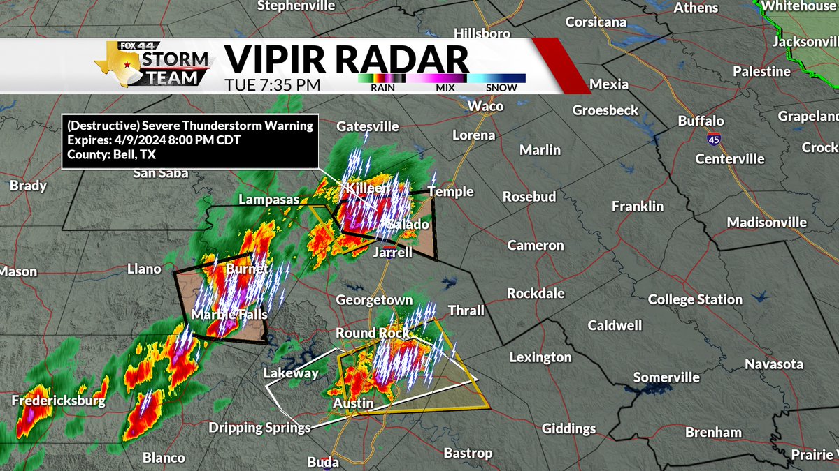 A DESTRUCTIVE SEVERE THUNDERSTORM WARNING has been issued for Bell County until 8:00PM moving east at 30 mph. Main threats are Baseball sized hail (2.75 inches) and 60 mph. Stay weather alert and get inside as soon as possible. #fox44wx