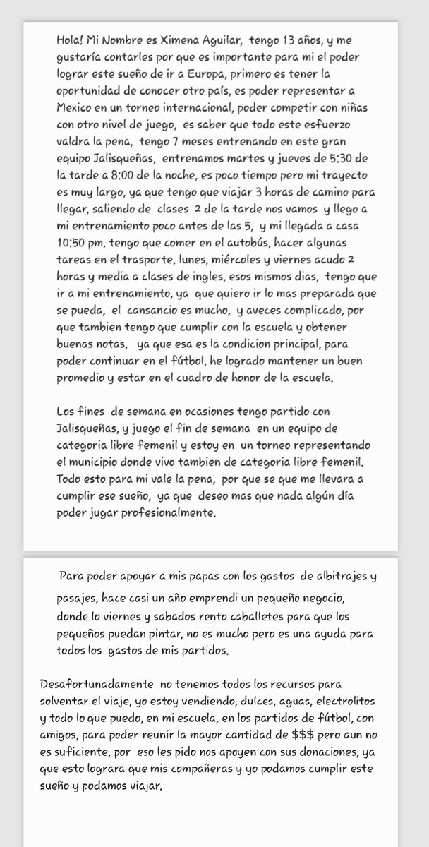 I am supporting this U15 girls soccer team from Mexico play in Europe in the summer. Here is a letter from one of the girls who until recently had never been to the beach or on a plane. If you want to help these girls achieve their dreams donate here 🙏 donadora.org/campanas/jalis…