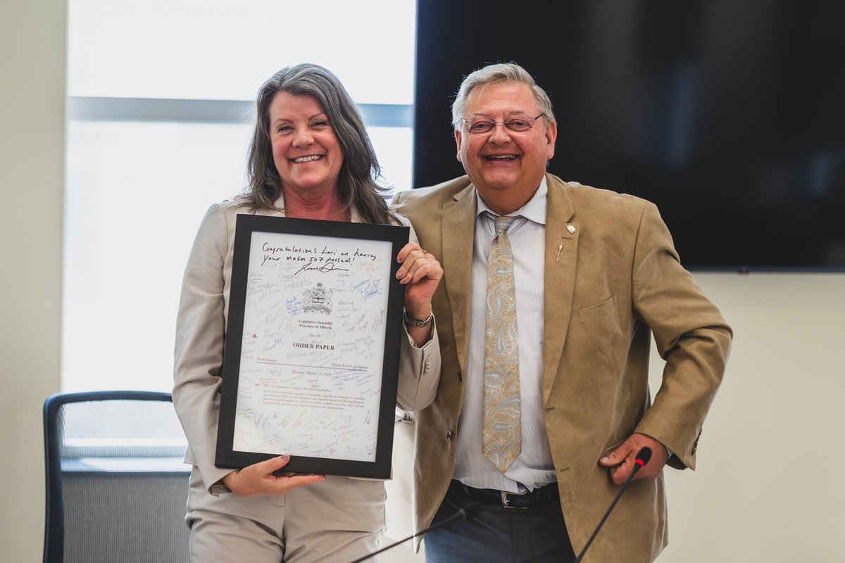 A meaningful gift. My Motion 507, framed and signed by many NDP MLAs and staff! Thanks to MLA @LorneDach for making this all happen. This was the motion to create incentives & supports for seniors to access recreational programs, which was unanimously passed! #AbLeg