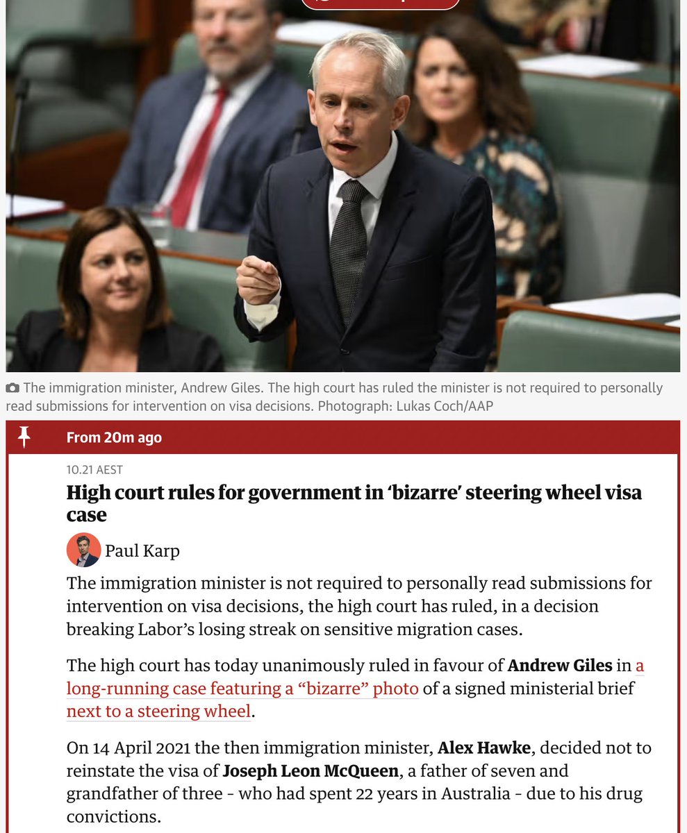 This post from @GuardianAus makes it seem the ‘bizarre steering wheel visa case’ is about Andrew Giles, but it’s actually about an incident involving the previous minister, Alex Hawke. Why does the Guardian keep doing this? #AUSPOL