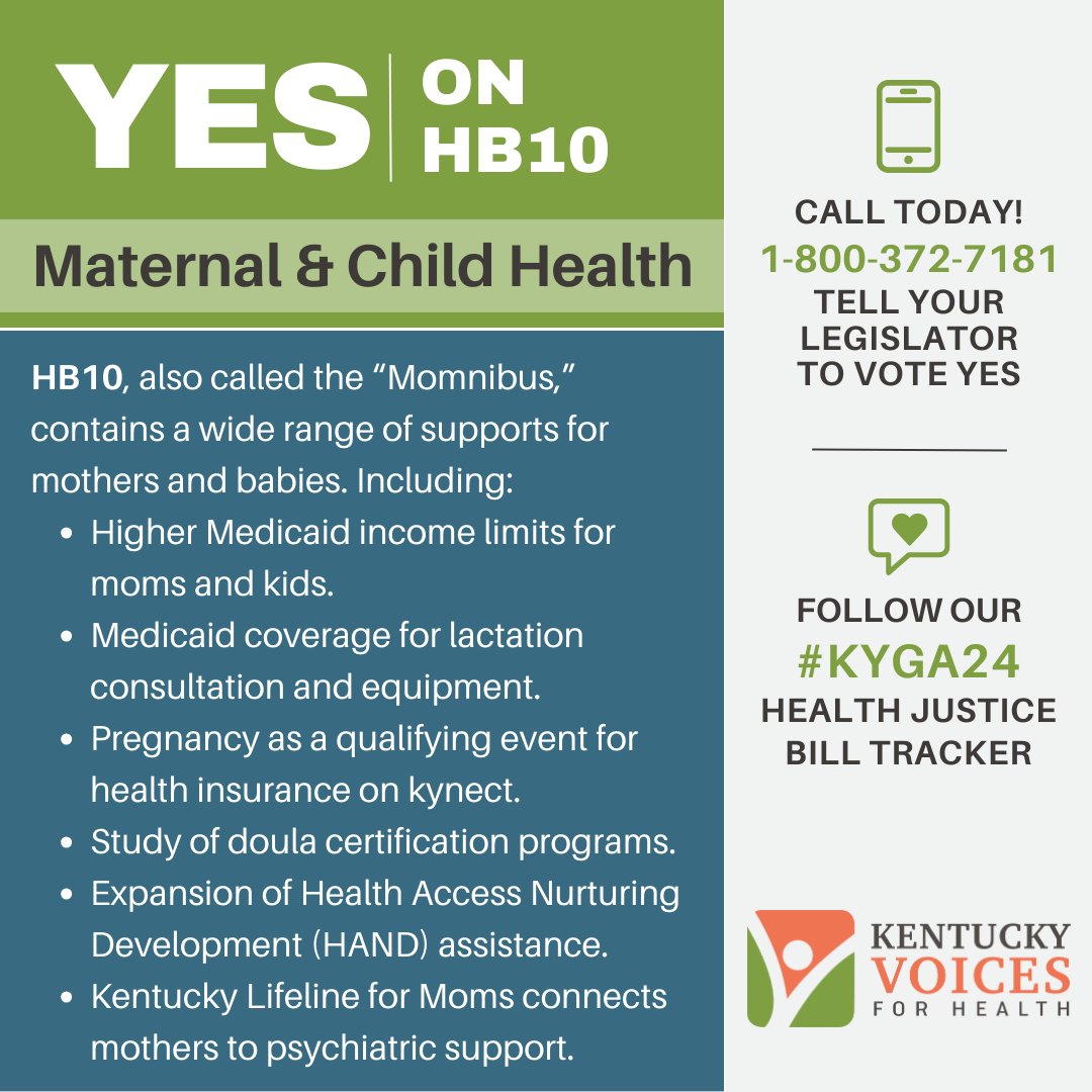 HB10 aka #Momnibus is a bipartisan package of legislation that will improve the health and wellbeing of Kentucky's moms and babies. It has broad support, but still hasn't passed! With only a few days left in session, tell your senator to take action on HB10: 800.372.7181. #KYGA24
