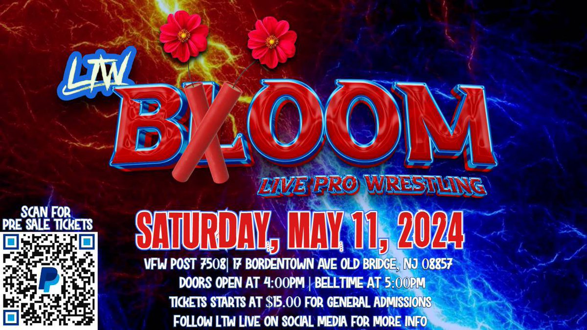 This Mother's Day weekend, @LiveLtw returns to Old Bridge, NJ for another live pro wrestling action, called BLOOM!! Pre-sale tickets are starting at $15.00 for GA// $20.00 for 1st and 2nd Row Seats. Keep up to date for matches online