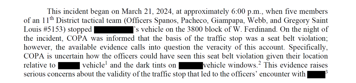 It turns out COPA shares the exact same concern about the cops' ability to even see Dexter Reed's seatbelt from behind the car with tinted windows. 'Seat belt violation' is basically what cops came up with after it all went to hell & they had to give COPA a reason for the stop.