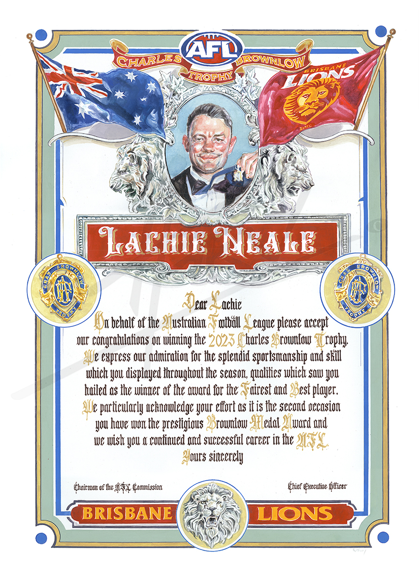 Lachie Neale plays 250 this week.
My illuminated address celebrating his second Brownlow medal.
This would be 66 or 67 certificate if counting the AFLW 8 and the 35 missing certificates from 61-93.

This was a fav. I'm not gonna lie.
H